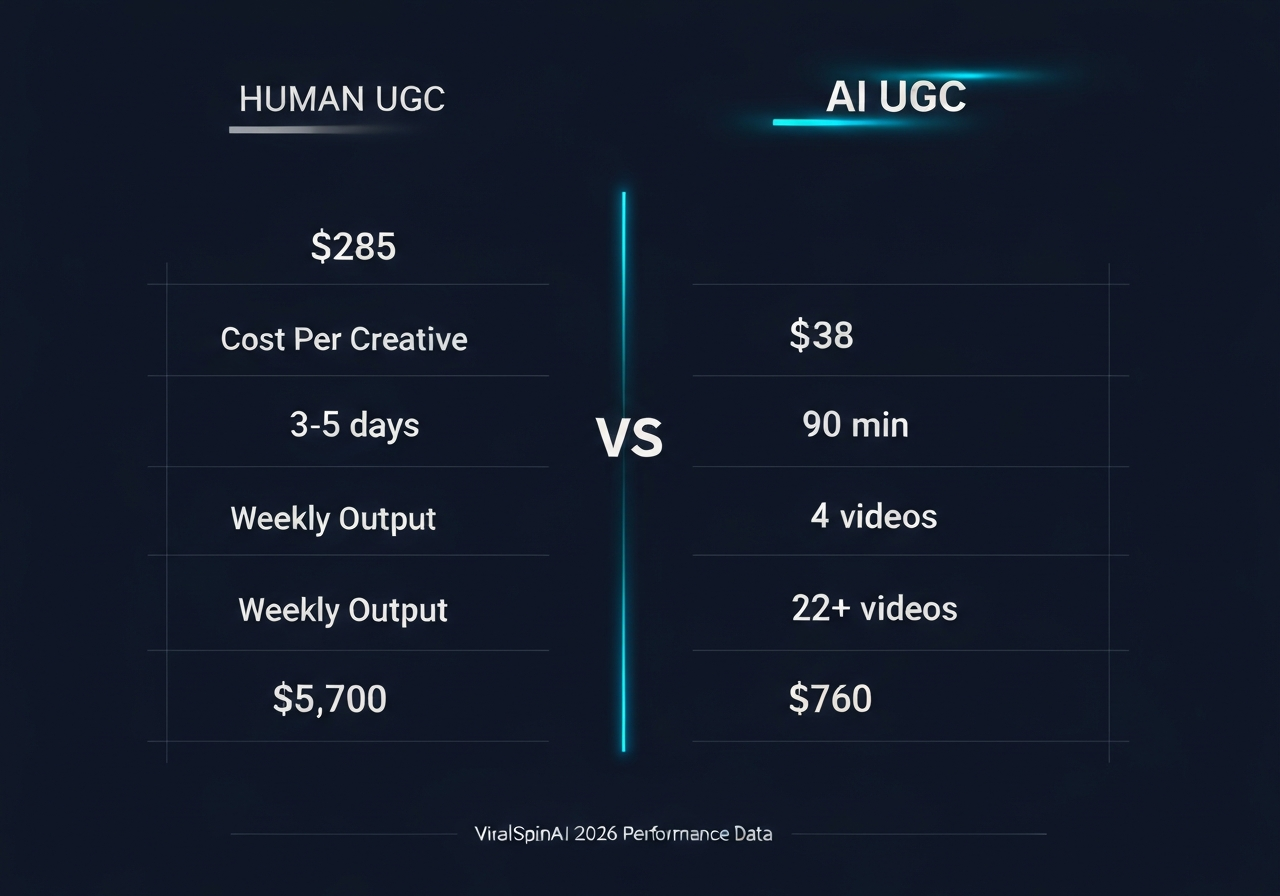 Human UGC vs AI UGC cost comparison — ViralSpinAI 2026