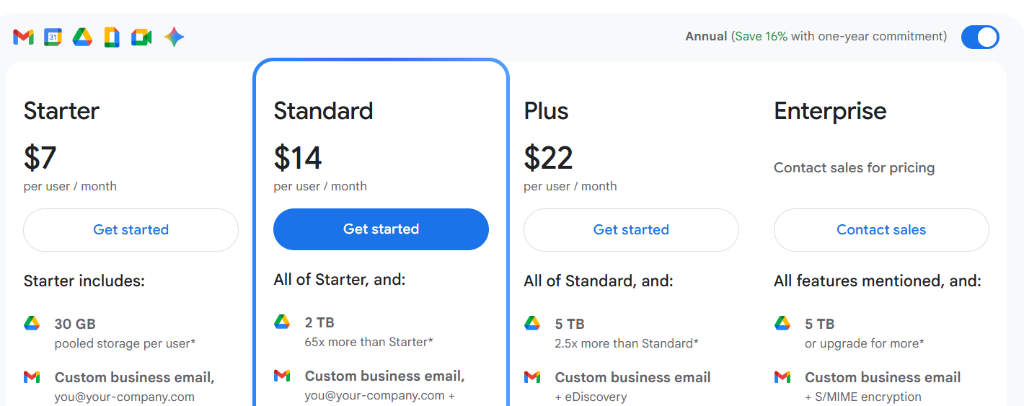 Google Workspace Pricing Screenshot