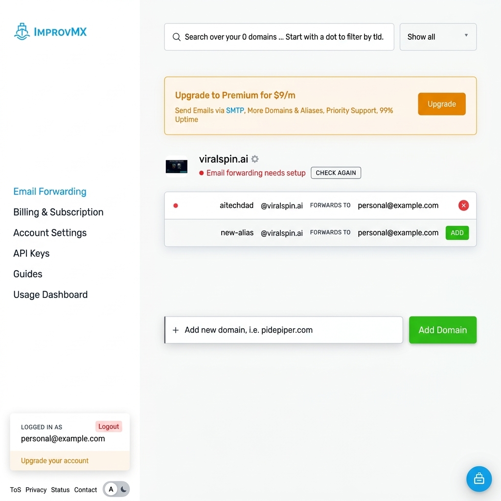 ImprovMX Dashboard Setup