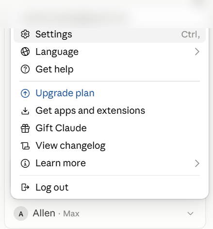 Claude's account menu open, showing Settings (with a Ctrl+, shortcut), Language, Get help, Upgrade plan, Get apps and extensions, Gift Claude, View changelog, Learn more, and Log out.