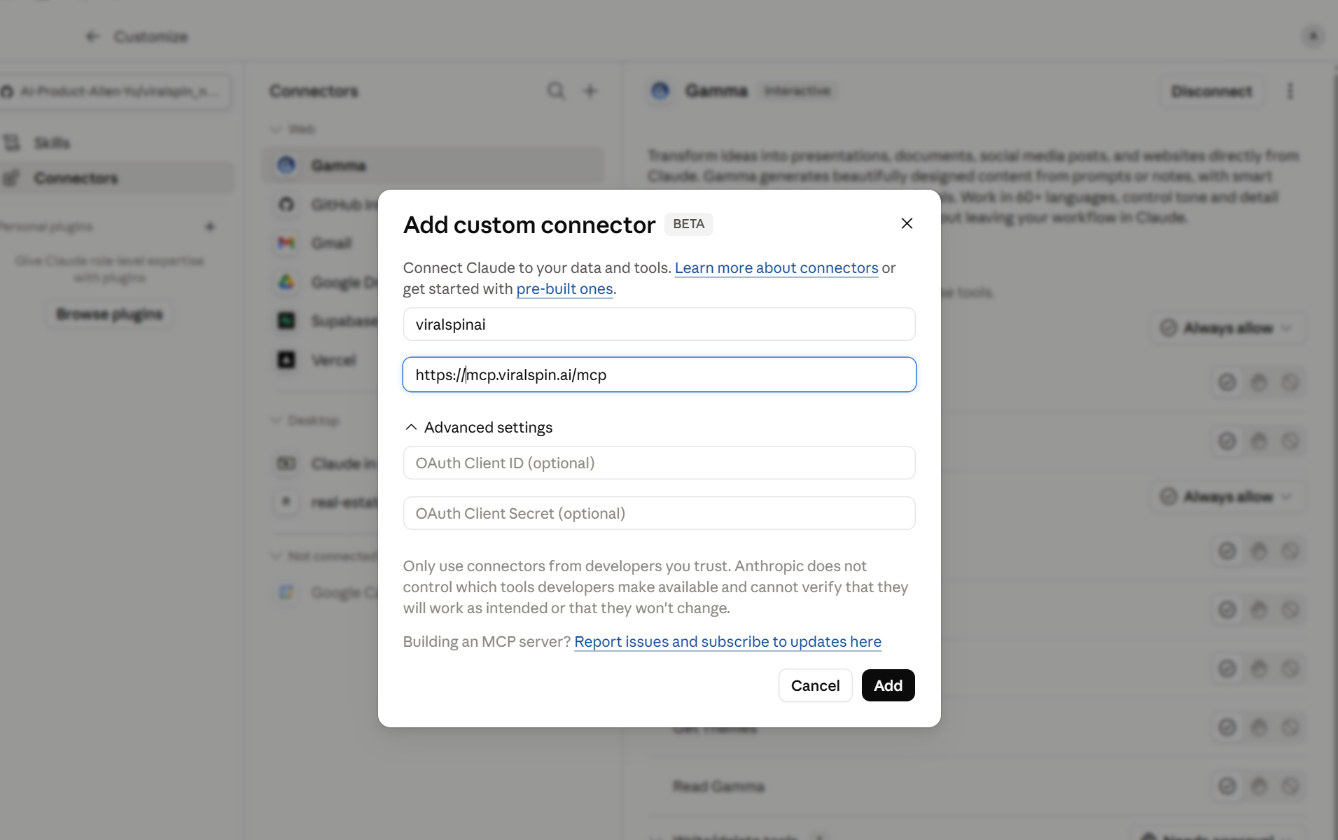 Claude's 'Add custom connector' dialog with a Name field ('viralspin'), a URL field containing https://mcp.viralspin.ai/mcp, and a collapsed 'Advanced settings' section with optional OAuth Client ID and Secret fields. Cancel and Add buttons at the bottom.