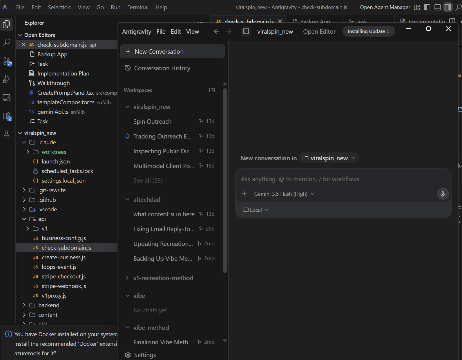 Google's Antigravity IDE (a VS Code fork) showing the viralspin_new project open with file explorer on the left, an AI chat panel in the middle, and the standard VS Code editor pane on the right. Demonstrates that any VS-Code-family IDE works — open its integrated terminal and run 'claude'.