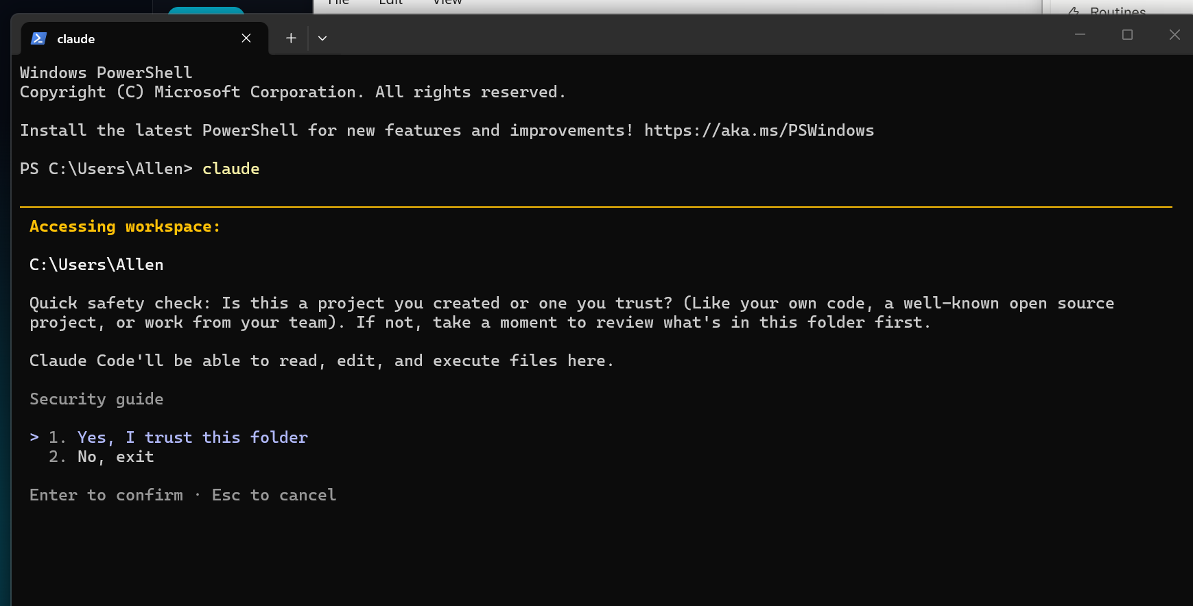 PowerShell window showing 'claude' being typed at the C:/Users/Allen prompt. The CLI launches with an 'Accessing workspace' banner and a 'Quick safety check: Is this a project you created or one you trust?' prompt with 'Yes, I trust this folder' and 'No, exit' options.