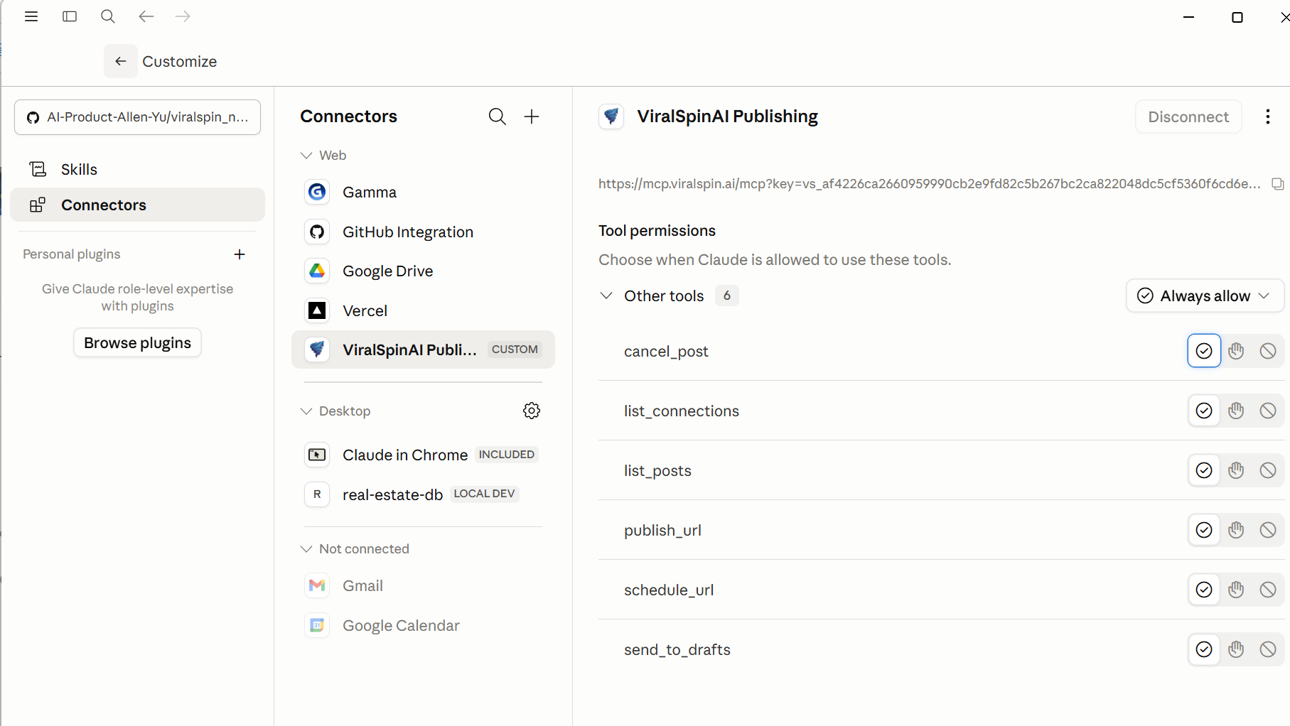 Claude Desktop Connectors page showing ViralSpinAI Publishing as a custom connector with 6 tools listed: cancel_post, list_connections, list_posts, publish_url, schedule_url, send_to_drafts — all set to 'Always allow'.