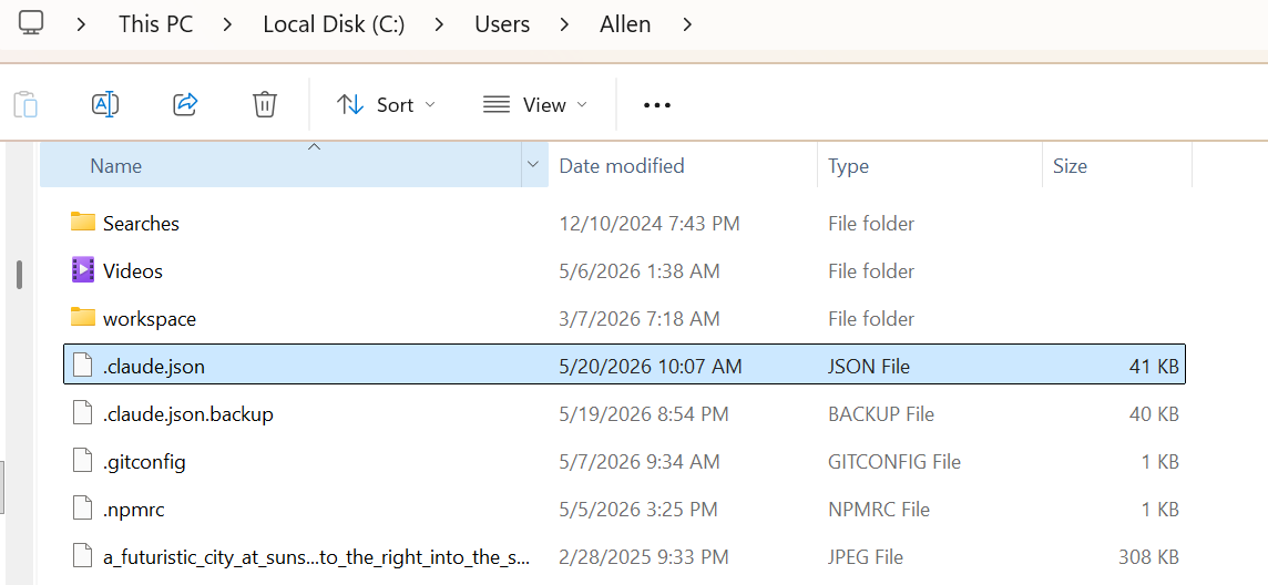 Windows File Explorer showing the .claude.json file in C:/Users/Allen alongside a .claude.json.backup, .gitconfig, and .npmrc — confirming the file lives in the user home directory, not inside the .claude folder