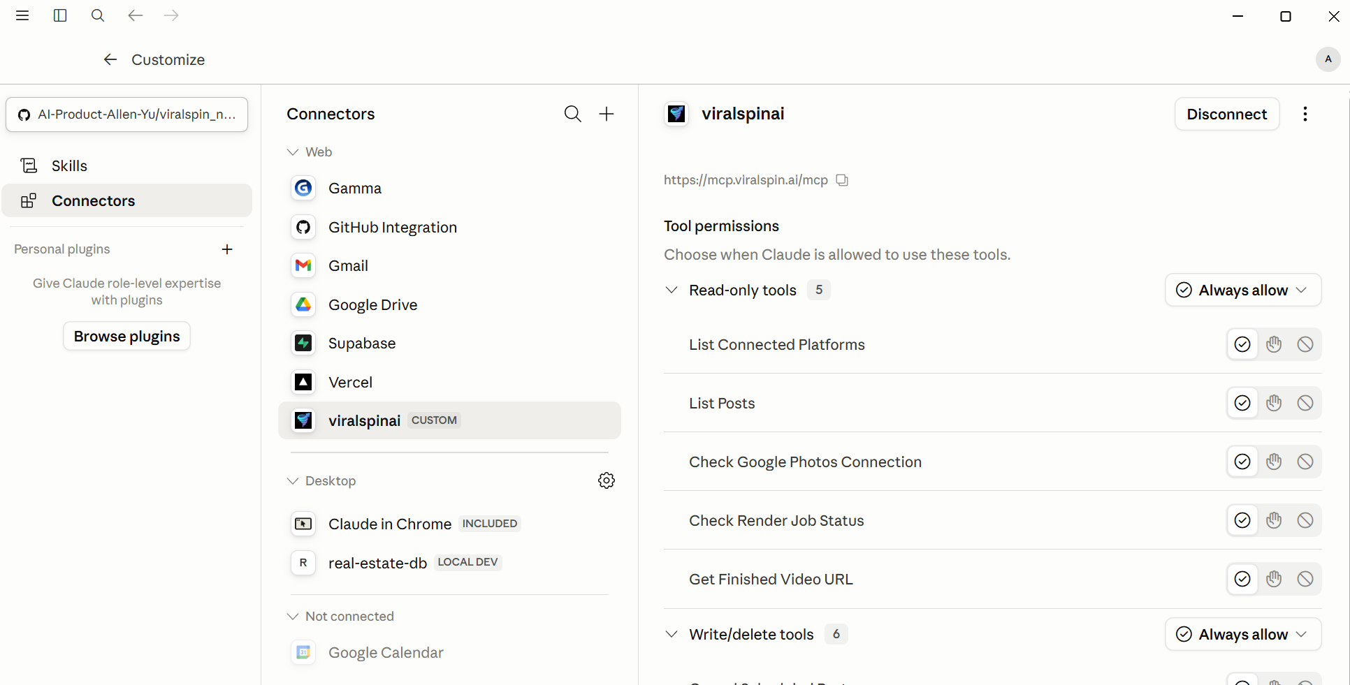 The viralspin connector detail page in Claude showing the mcp.viralspin.ai/mcp URL, a Disconnect button, and Tool permissions grouped into 'Read-only tools' (List Connected Platforms, List Posts, Check Google Photos Connection, Check Render Job Status, Get Finished Video URL) and 'Write/delete tools', each with an 'Always allow' dropdown.
