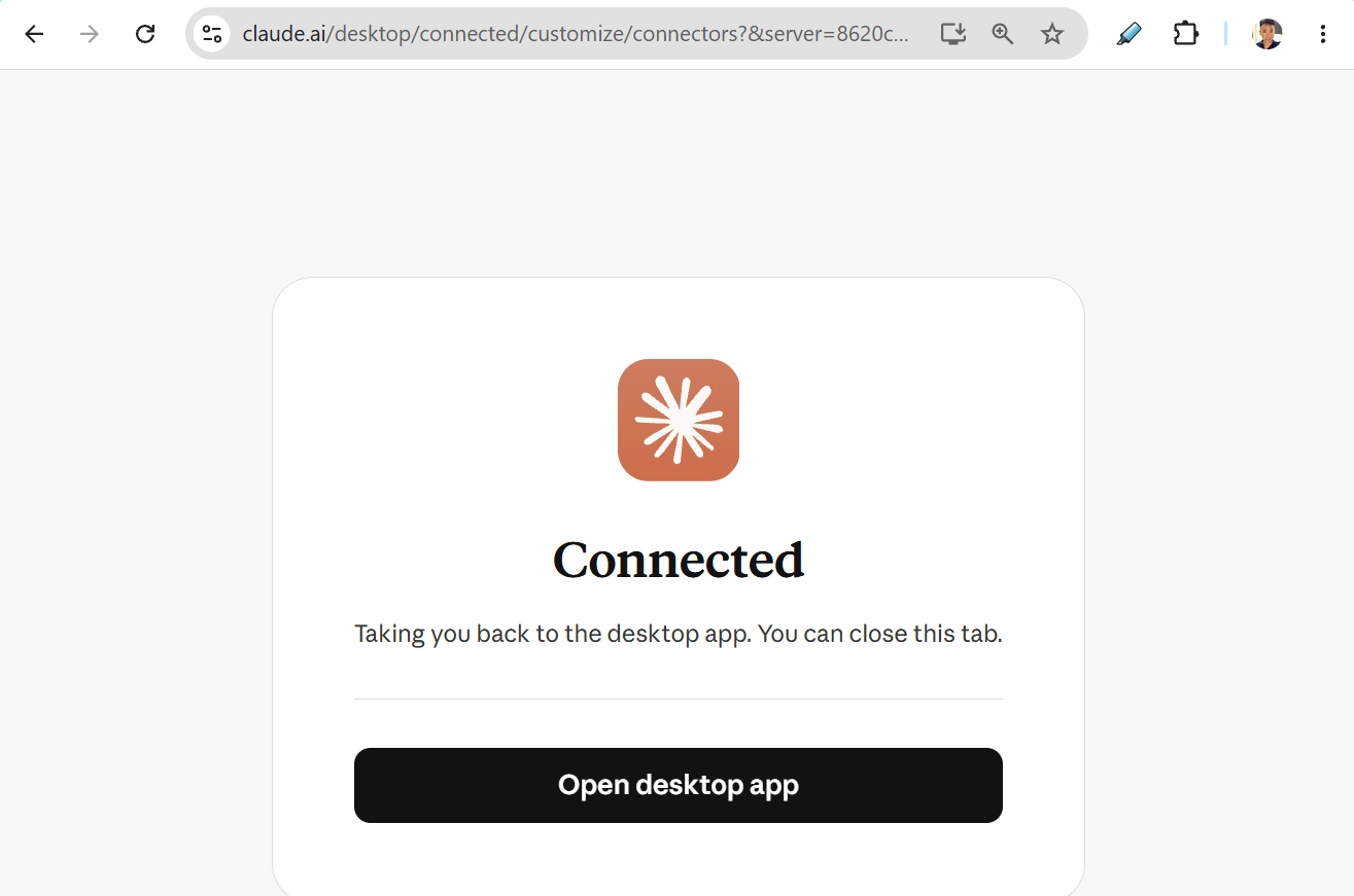 claude.ai confirmation page with a 'Connected' heading, the text 'Taking you back to the desktop app. You can close this tab,' and an Open desktop app button