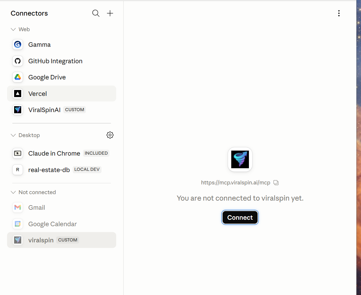 Claude's Connectors panel showing the viralspin custom connector selected, with the URL https://mcp.viralspin.ai/mcp displayed, the message 'You are not connected to viralspin yet,' and a Connect button