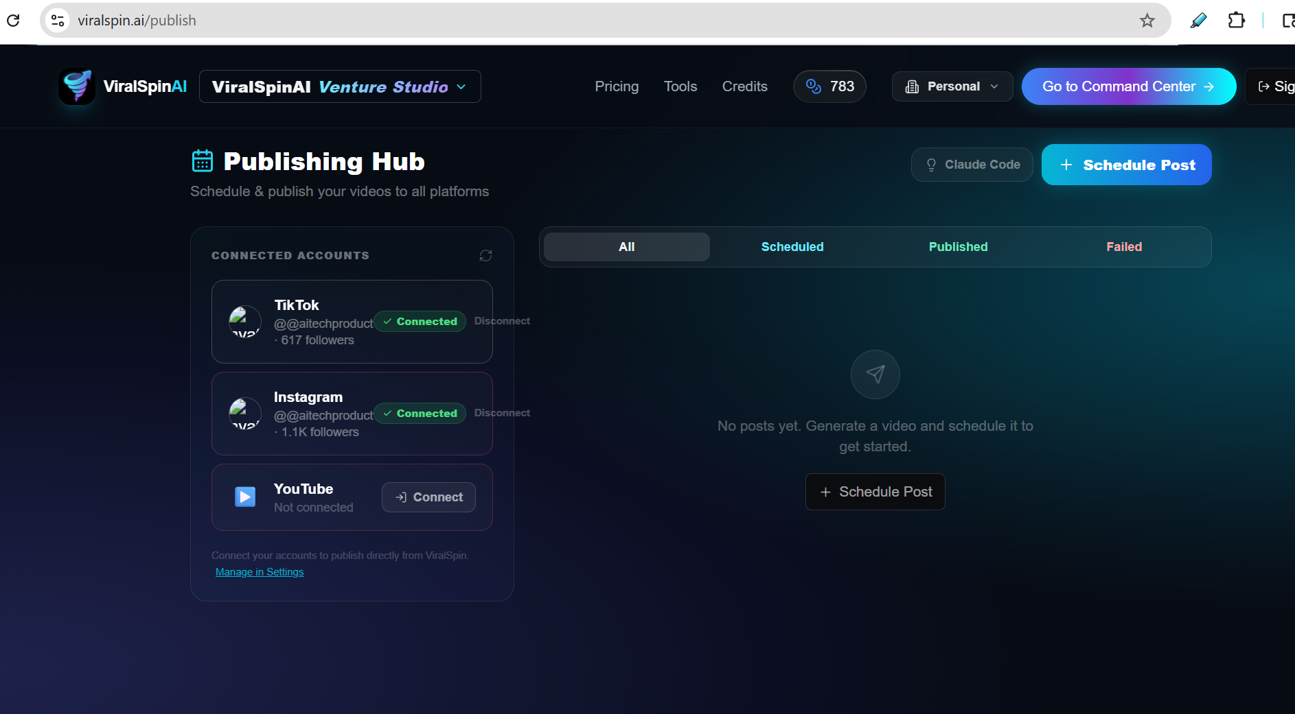 ViralSpin Publishing Hub at viralspin.ai/publish showing the Connected Accounts panel with TikTok and Instagram both showing 'Connected' badges and YouTube available to connect
