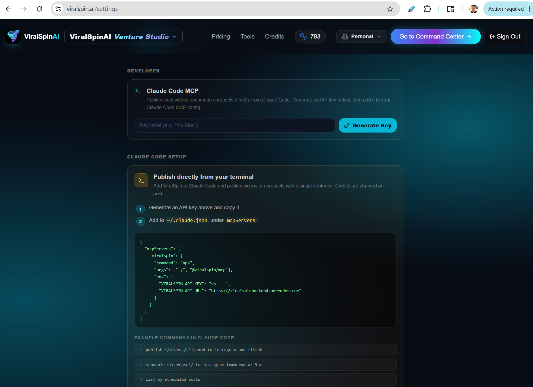ViralSpin settings page showing the Claude Code MCP section with an API key generator and a code block showing the mcpServers JSON snippet to paste into ~/.claude.json