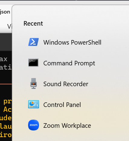 Windows Start menu search showing Windows PowerShell and Command Prompt as the top results — either one works as a host for the Claude Code CLI.