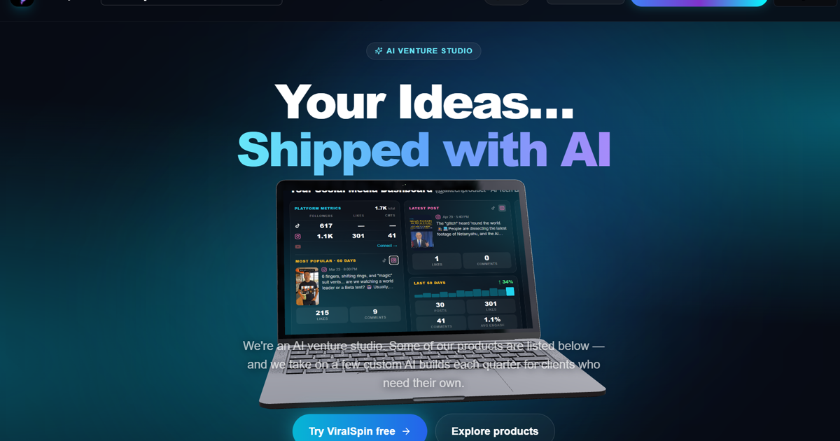 The ViralSpin.ai homepage hero — a 3D MacBook tilted in space below the headline 'Your Ideas… Shipped with AI', with the live product UI rendered on its screen