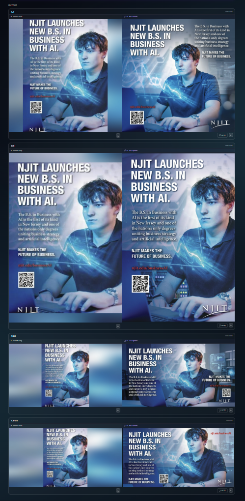 The same NJIT ad creative regenerated across 1:1, 4:5, 9:16, 16:9, and programmatic display dimensions — one master, many placements