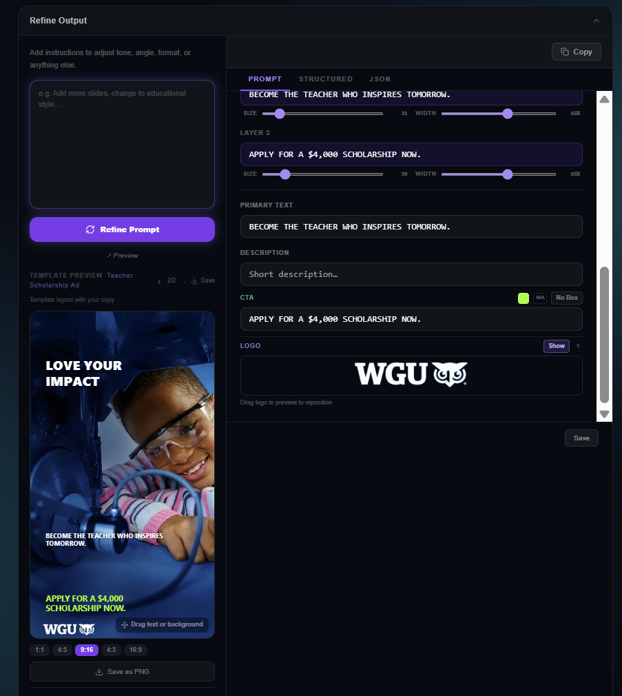 ViralSpin repurpose image UI — Refine Output panel showing live template preview, layer-level prompt controls, aspect-ratio selector (1:1, 4:5, 9:16, 4:2, 16:9), and brand logo lock