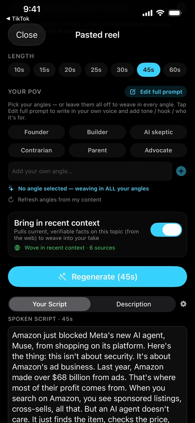 The script screen: length chips from 10s to 60s, your point of view, recent context, and the rewritten spoken script